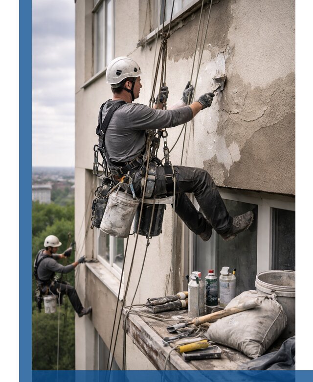 Косметический ремонт фасада зданий в Черногорске промышленными альпинистами