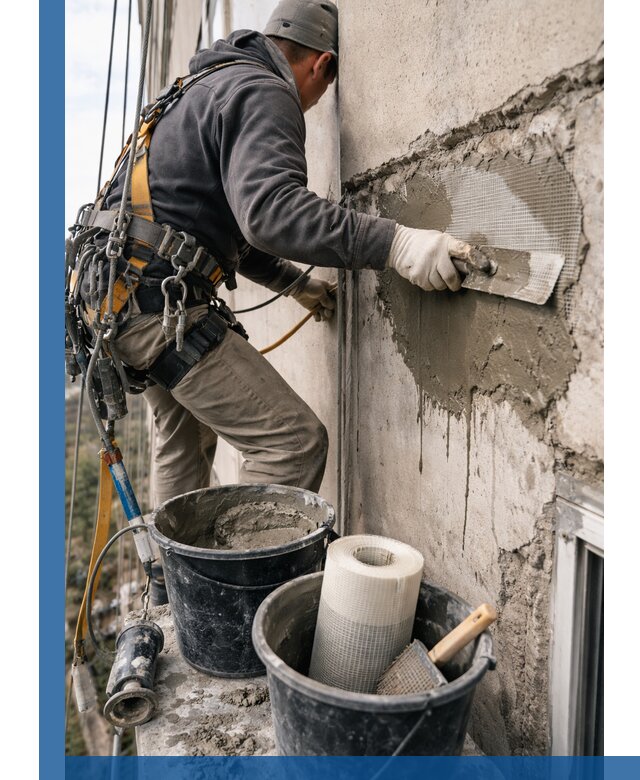 Ремонт бетонных элементов фасада промышленными альпинистами в Черногорске