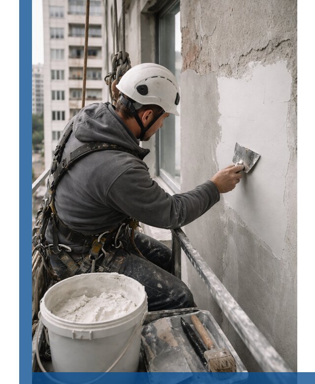 Шпаклевка фасадов на высоте с промальпинистами в Черногорске