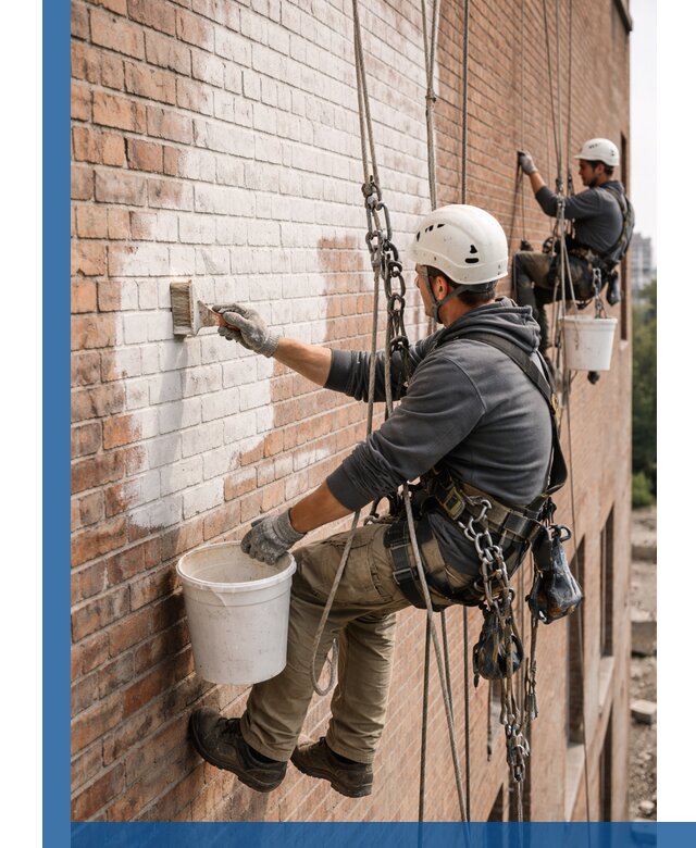 Покраска кирпичного фасада с доступным альпинистским сервисом в Черногорске
