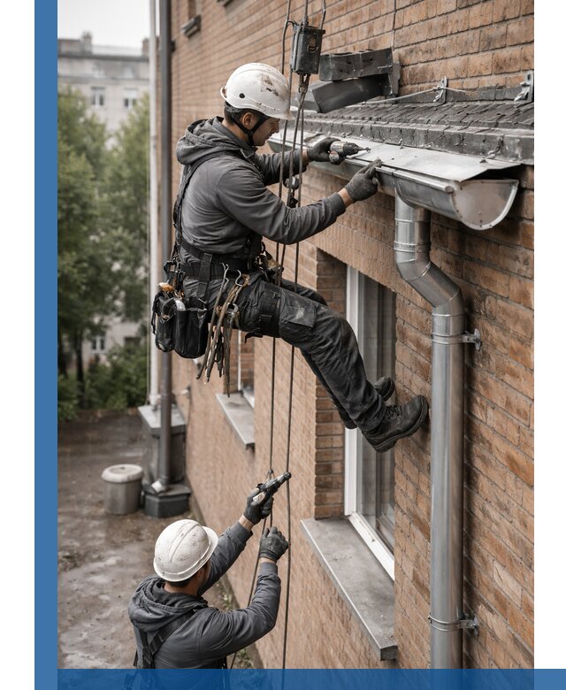 Монтаж водосточной системы на здании в Черногорске под ключ