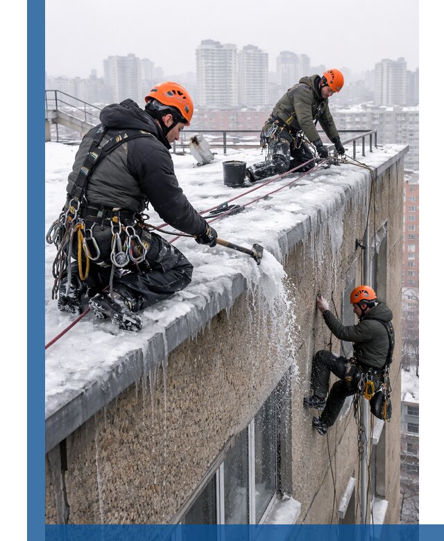 Удаление наледи с кровли в Черногорске промышленными альпинистами