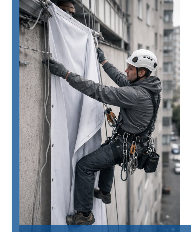 Замена баннерного полотна промышленными альпинистами в Черногорске