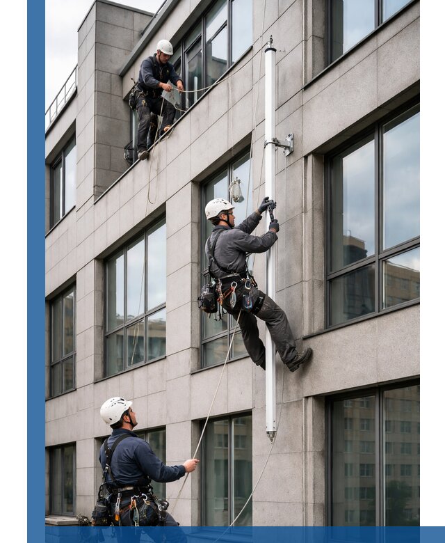 Монтаж флагштока на фасаде здания с креплением и герметикой в Черногорске