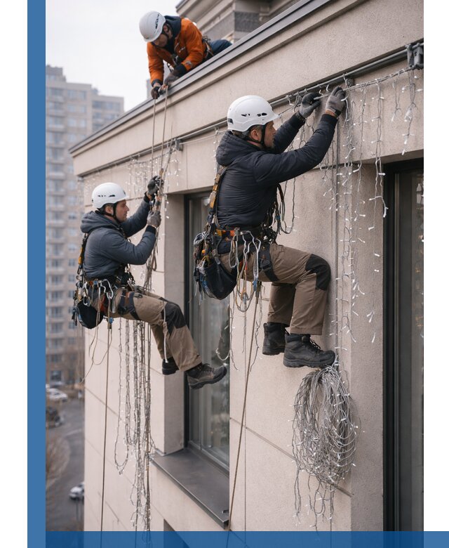 Монтаж праздничных гирлянд на фасаде в Черногорске для зданий