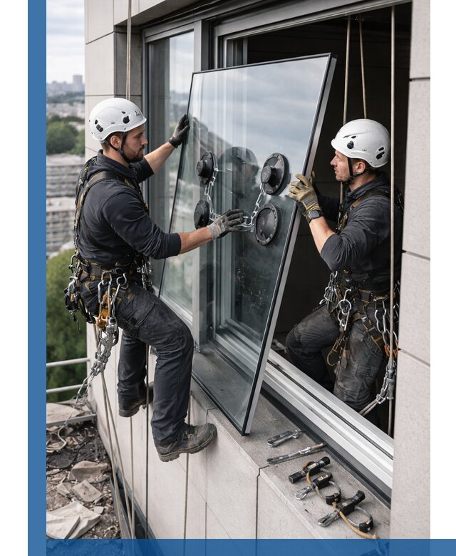 Замена стеклопакетов на высоте с промышленными альпинистами в Черногорске