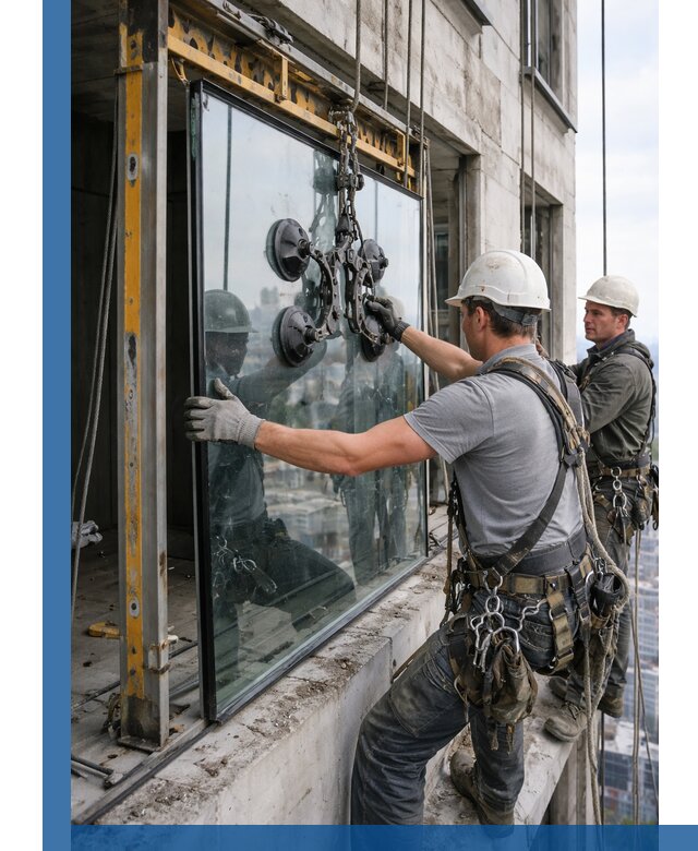 Монтаж стеклопакетов на высоте в Черногорске с промышленным альпинизмом