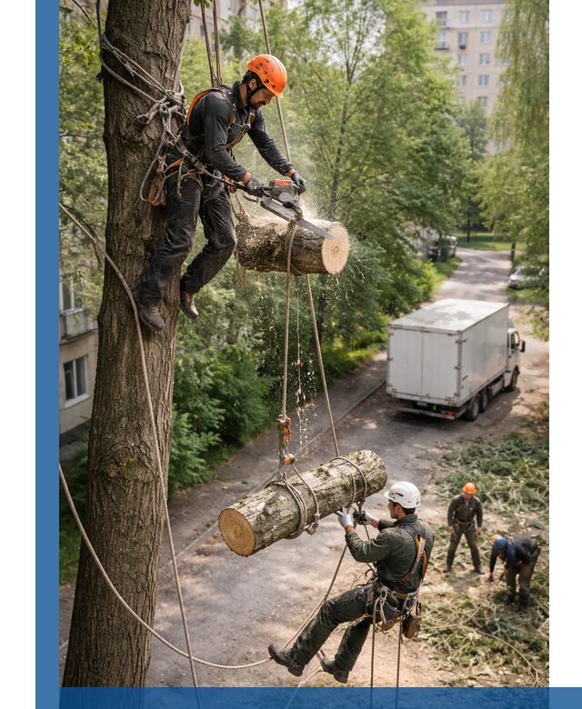 Спил деревьев альпинистами в Черногорске, безопасно и без повреждений
