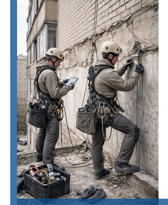 Обследование фасада промышленными альпинистами в Черногорске